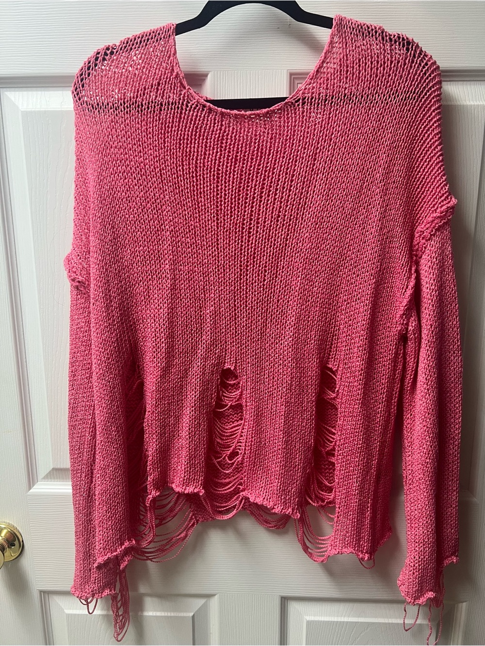 POL Distressed Open-Weave Scoop Neck Sweater - Bright Pink